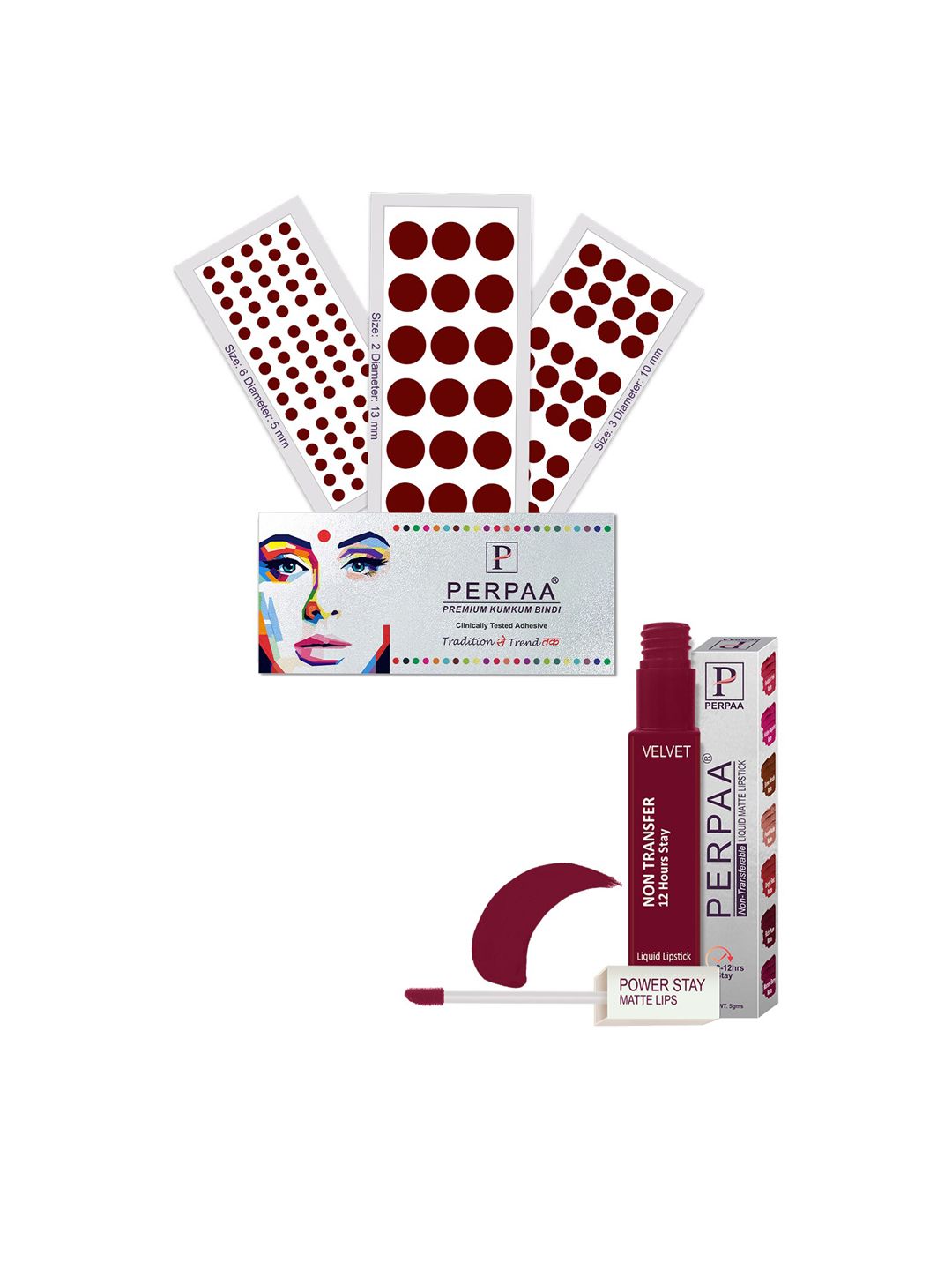PERPAA Set Of 4 Dark Maroon Bindi Flaps & Power Stay Non Transfer Lipstick - Maroon-image-21