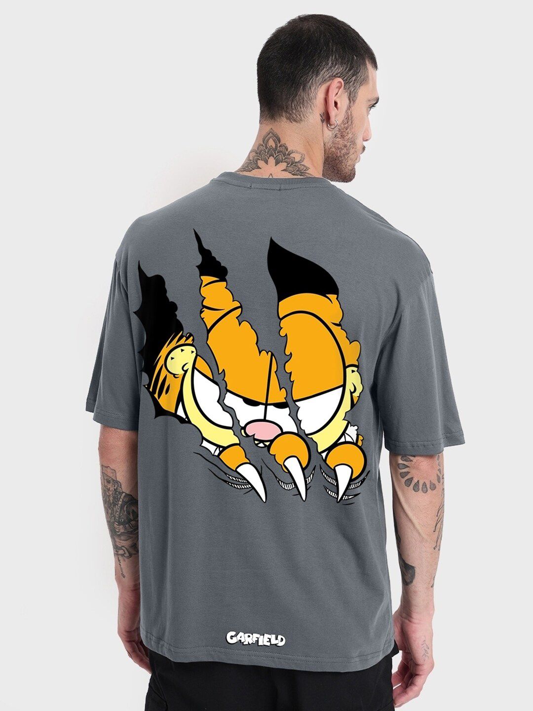 Bewakoof Garfield Graphic Printed Drop Shoulder Sleeves Cotton Oversized T-shirt