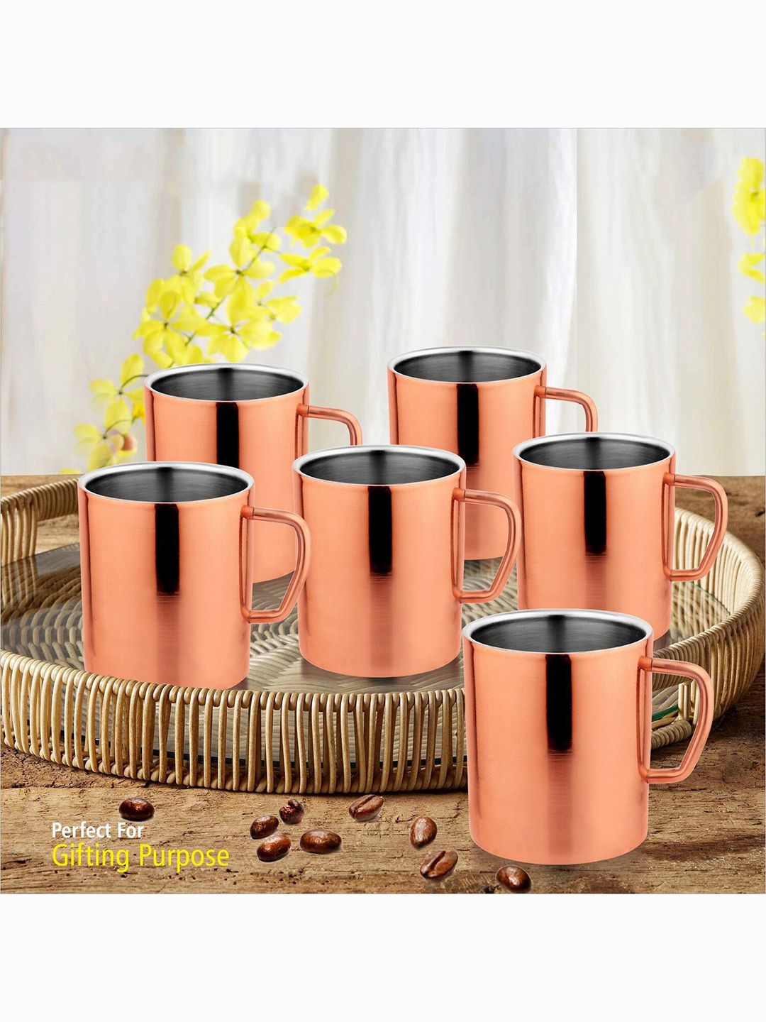 FNS Rose Gold-Toned 6 Pieces Stainless Steel Glossy Mugs 300 ml Each-picture-45