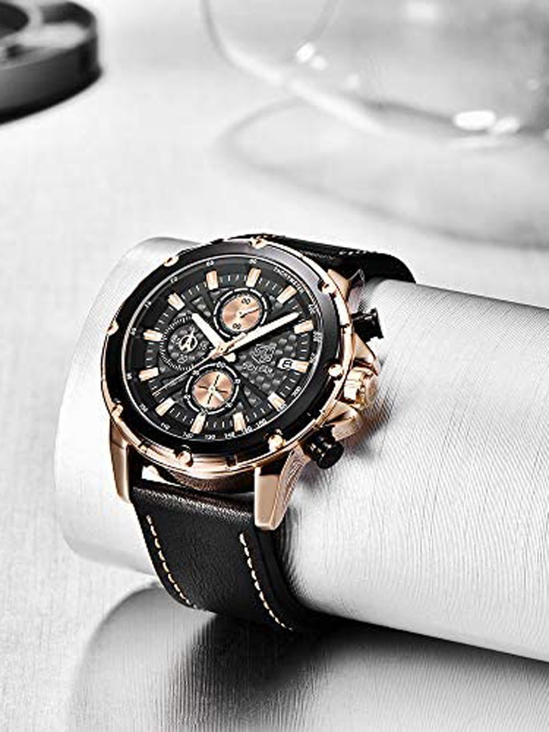 BENYAR Embellished Dial & Leather Bracelet Style Straps Chronograph Watch Ben-5167-