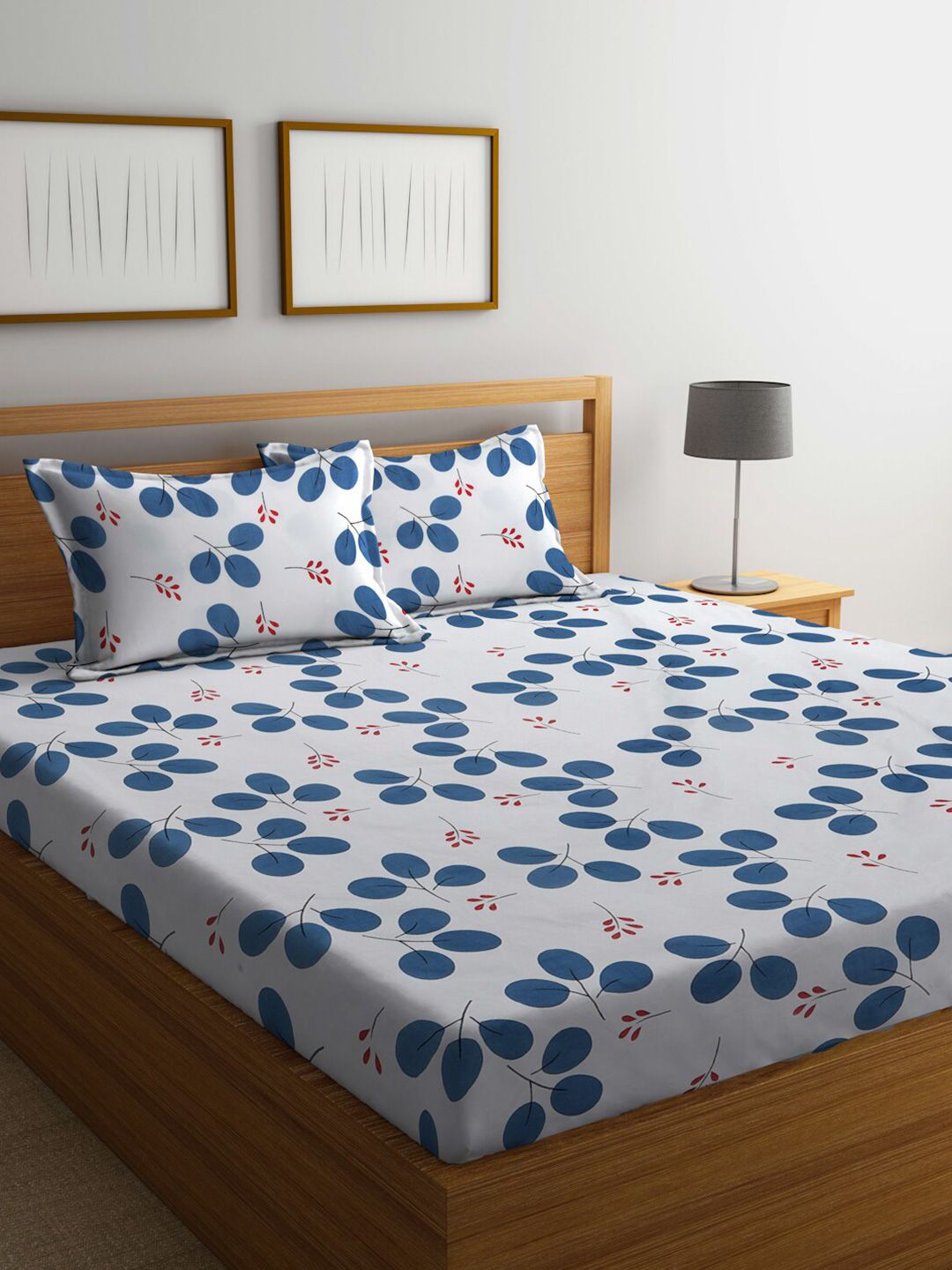 KLOTTHE White & Blue Floral Print 300 TC Fitted Double King Bedsheet With 2 Pillow Covers-image-37