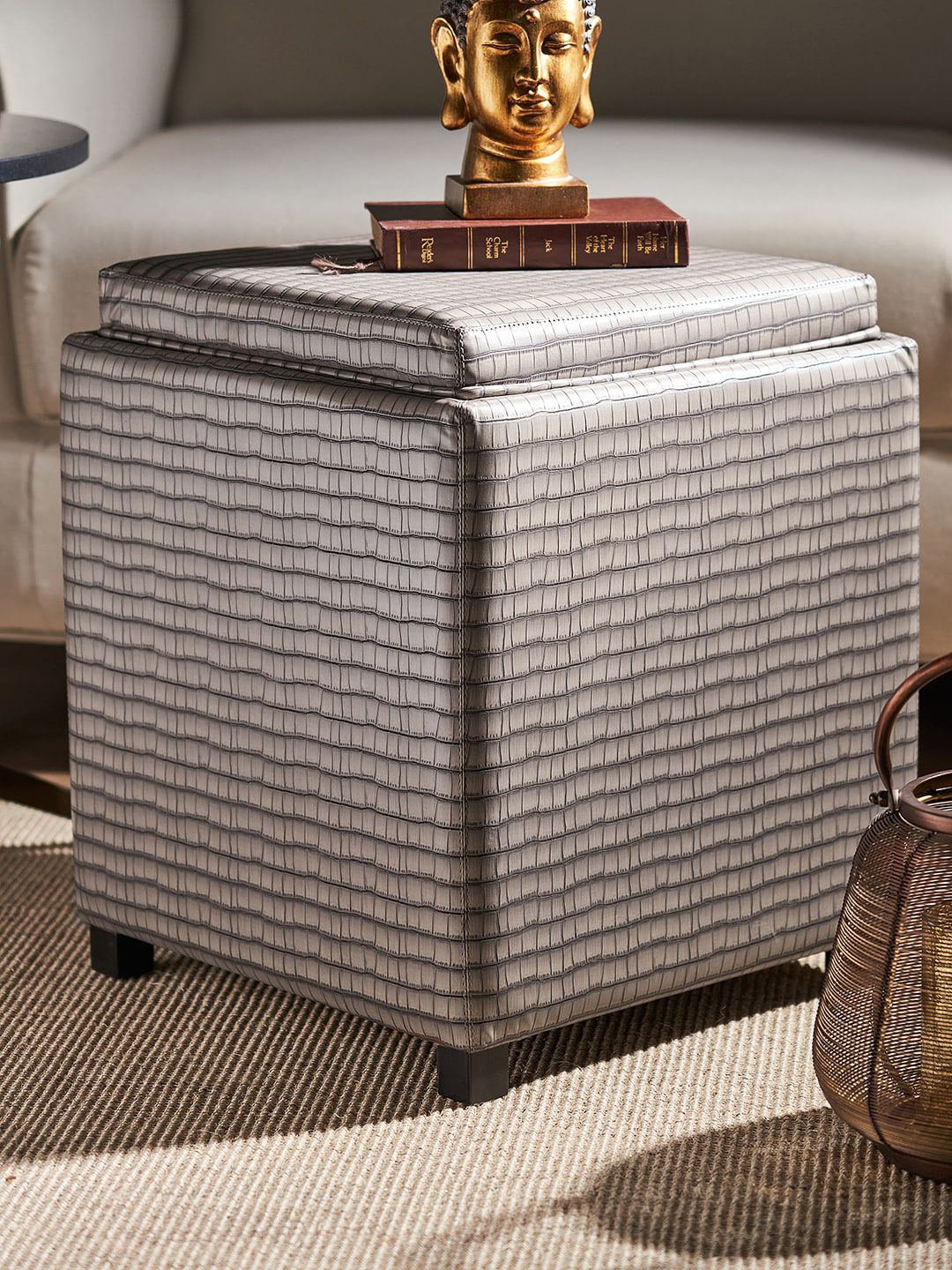 Pure Home and Living Grey Textured Pouffe With Storage Organiser-image-23