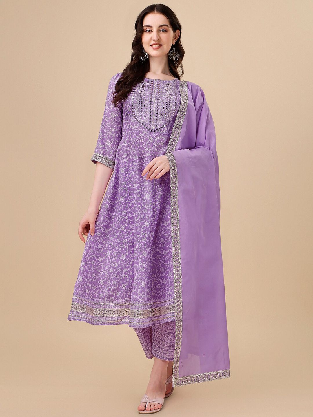 HERE&NOW Purple Floral Printed Pure Cotton A-Line Kurta & Trousers With Dupatta