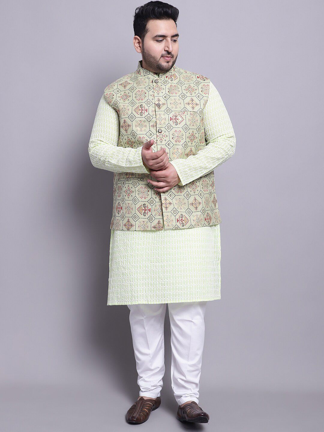 SOJANYA PLUS Ethnic Embroidered Straight Pure Cotton Kurta & Pyjamas With Nehru Jacket-picture-58