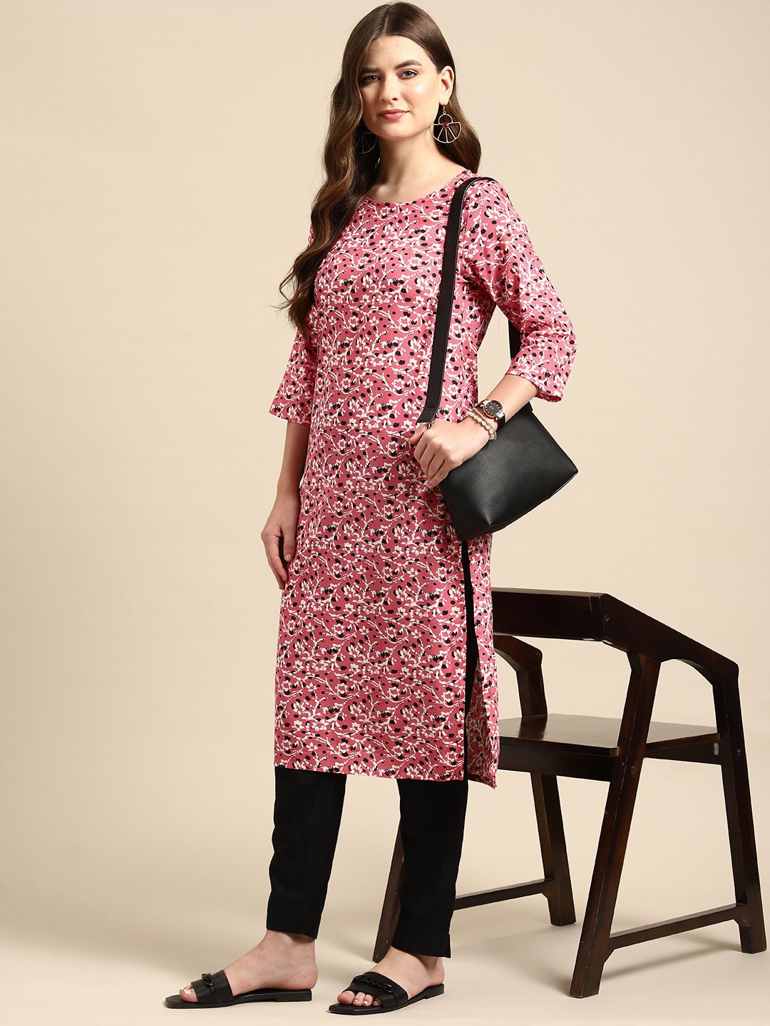 Anouk women pink outlet printed straight kurta