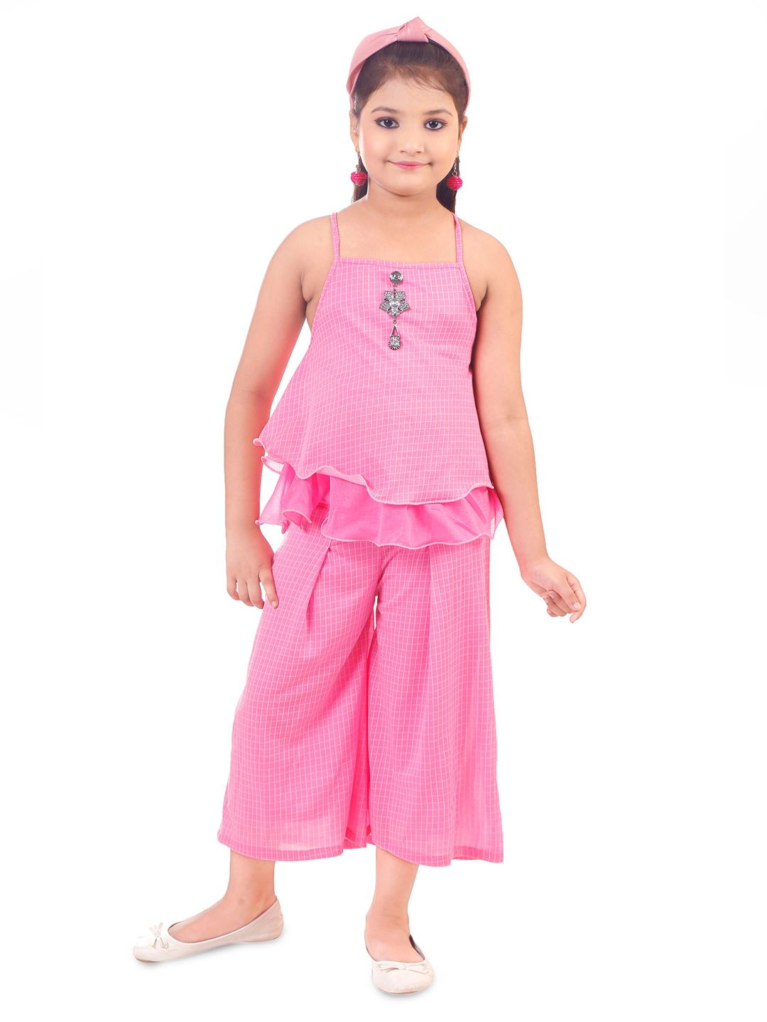 BAESD Girls Checked Shoulder Straps Layered Top With Palazzos-picture-33