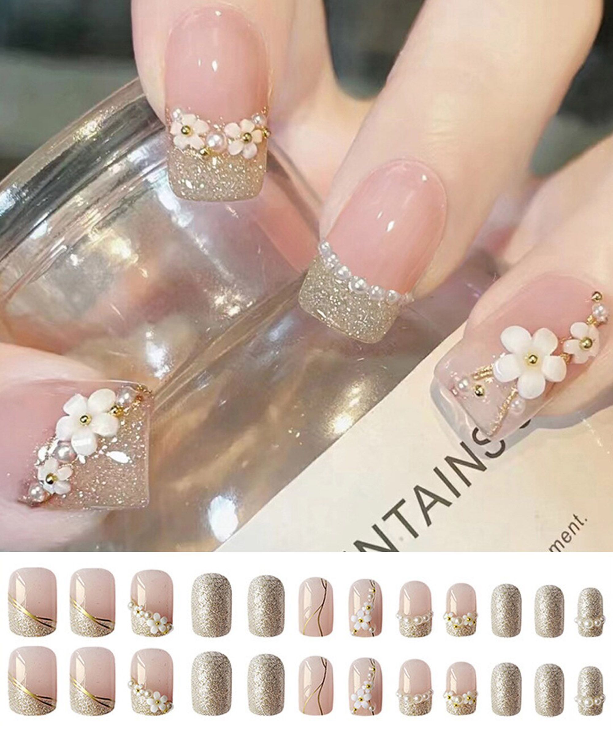 Secret Lives 24 Pieces 3D Flower & Pearl Design Nail Extensions-picture-39