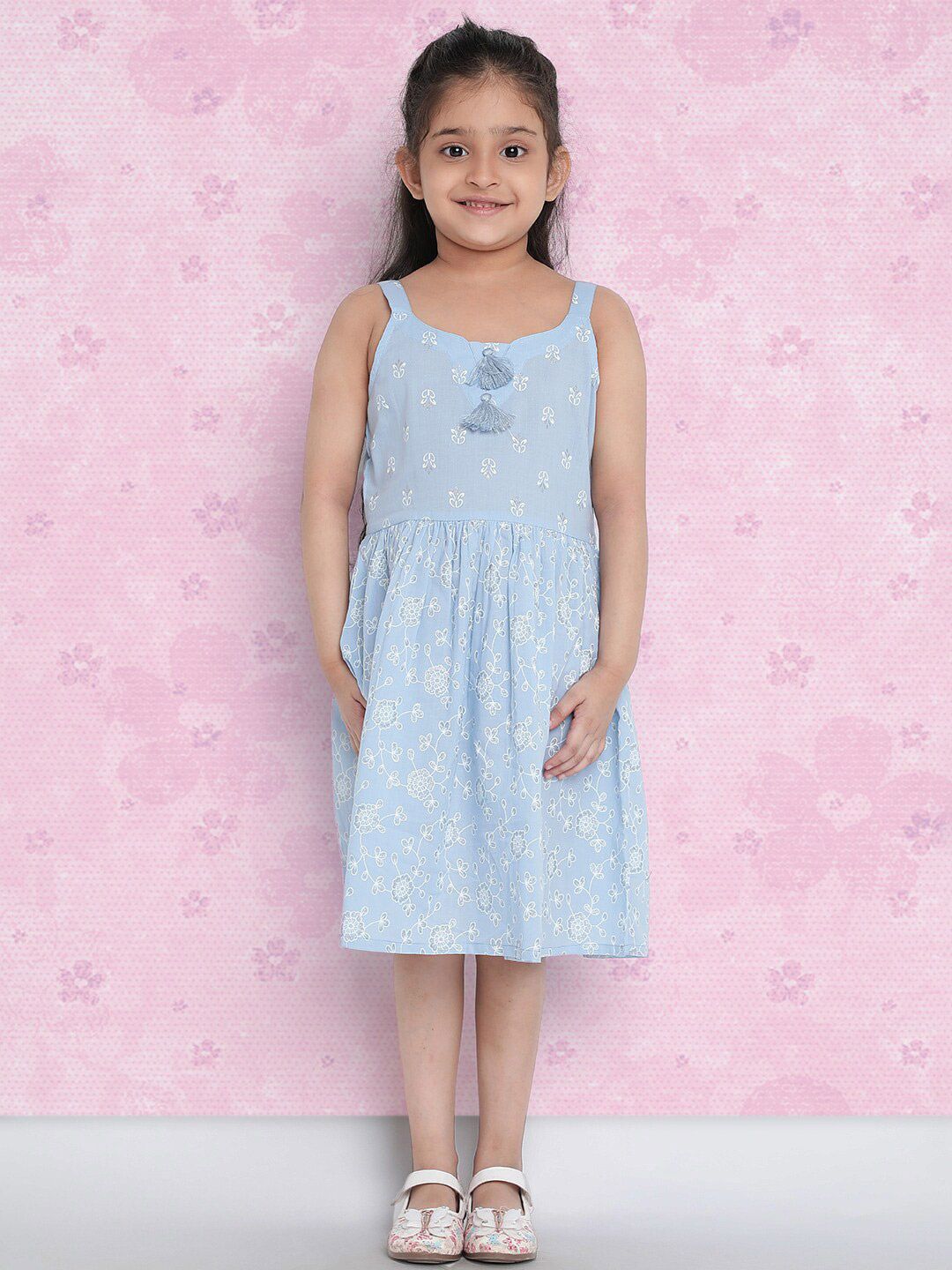Indo Era Girls Blue Floral Printed Cotton A-Line Dress-picture-32