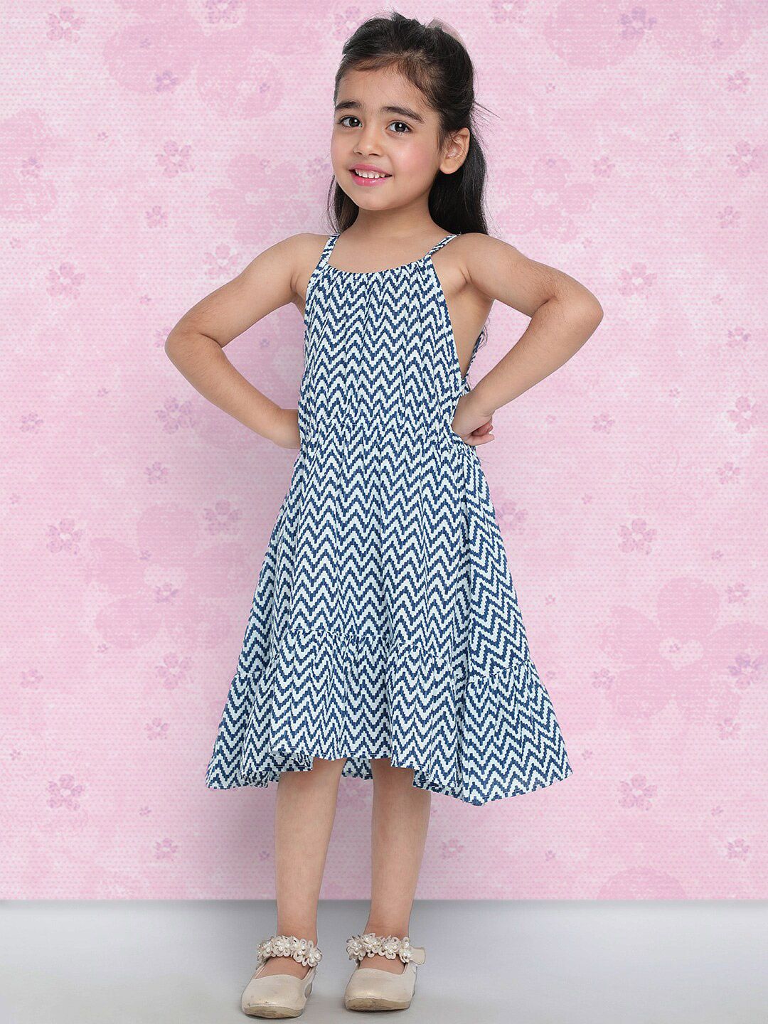 Indo Era Girls Blue Chevron Printed Tiered Pure Cotton A-Line Dress-picture-37
