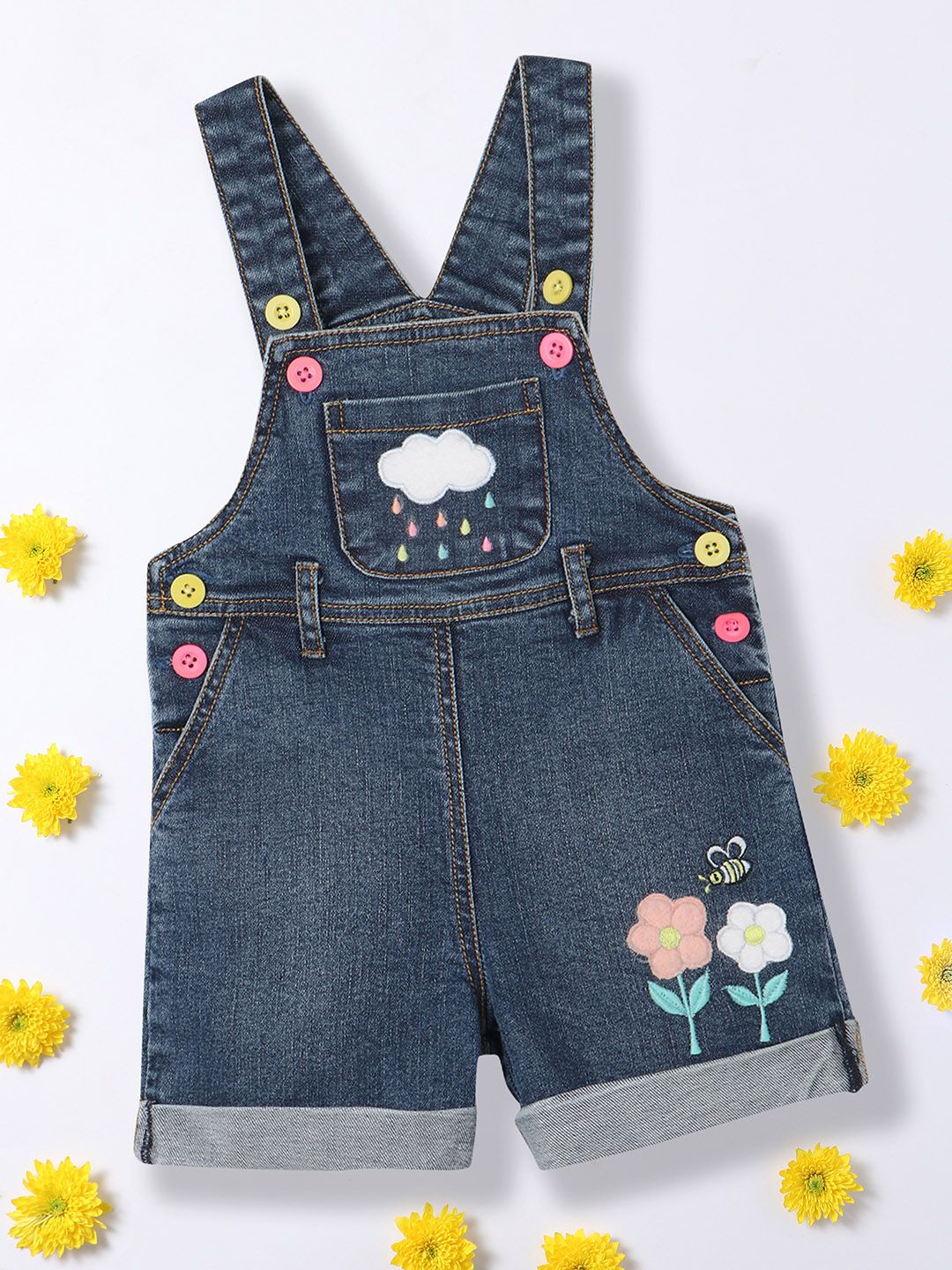 Nauti Nati Girls Applique Work Pure Cotton Denim Dungaree-picture-10
