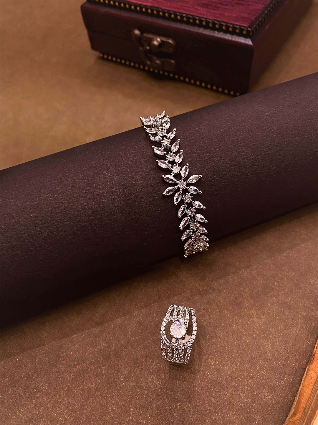 ATIBELLE Brass American Diamond Silver-Plated Bracelet With Ring-picture-32