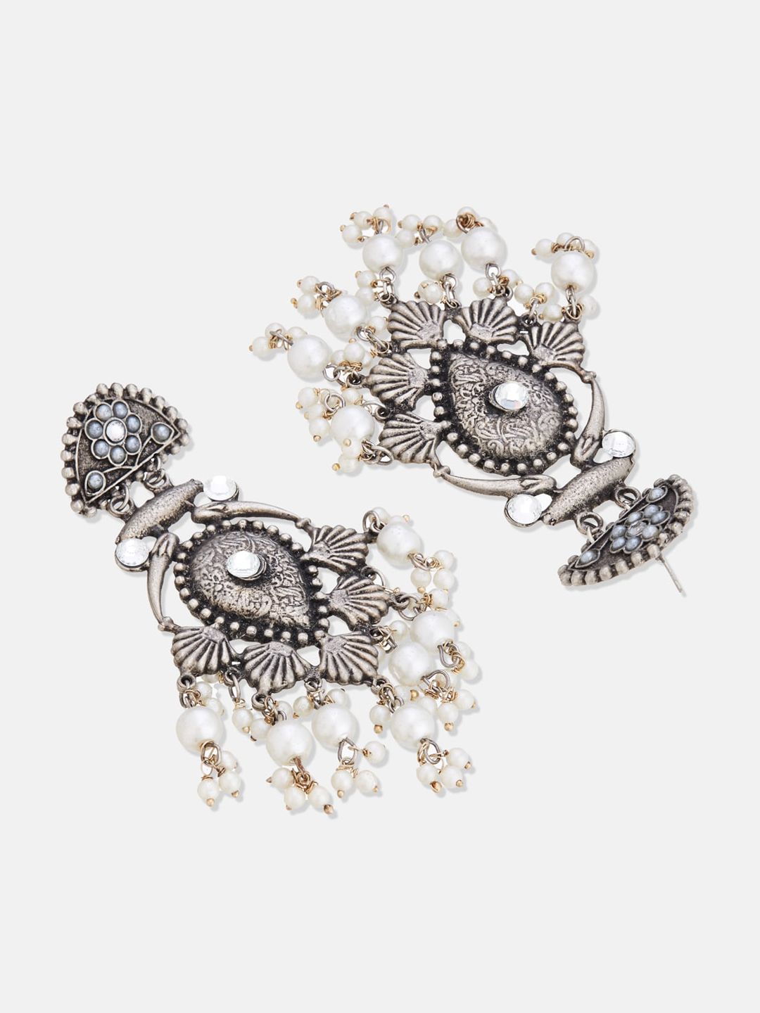 ATIBELLE Silver-Plated Contemporary Stone-Studded & Beaded Drop Earrings