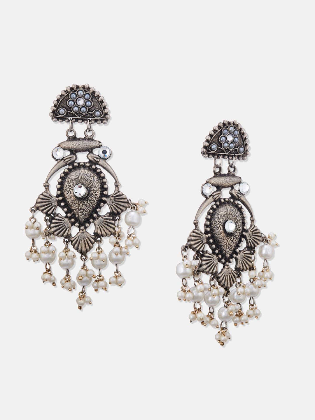 ATIBELLE Silver-Plated Contemporary Stone-Studded & Beaded Drop Earrings