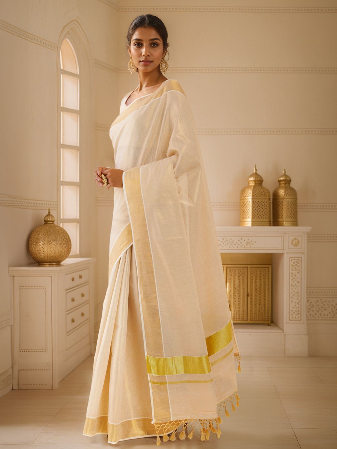 Soch Off White & Gold-Toned Zari Tissue Kasavu Saree-picture-20