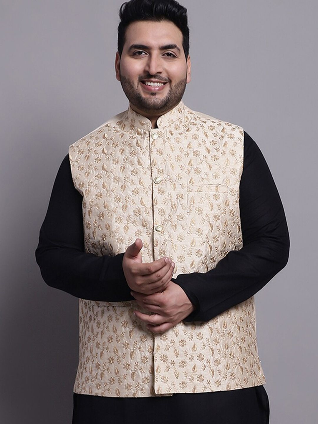 SOJANYA PLUS Plus Size Ethnic Motif Embellished Cotton Linen Nehru Jacket-picture-35