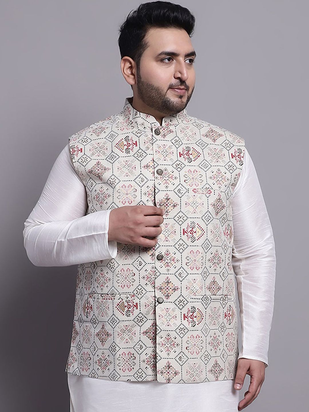 SOJANYA PLUS Plus Size Ethnic Motif Printed Cotton Linen Nehru Jacket