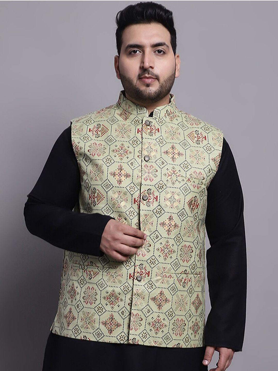 SOJANYA PLUS Plus Size Printed Cotton Linen Nehru Jacket-picture-22