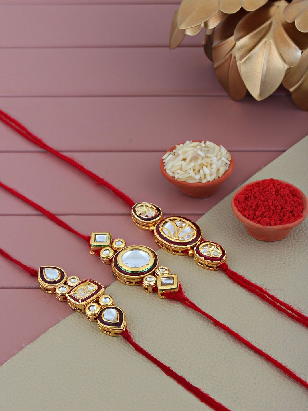 LUCKY JEWELLERY Pack Of 3 Gold-Plated Stone Studded Meenakari Rakhis-image-17