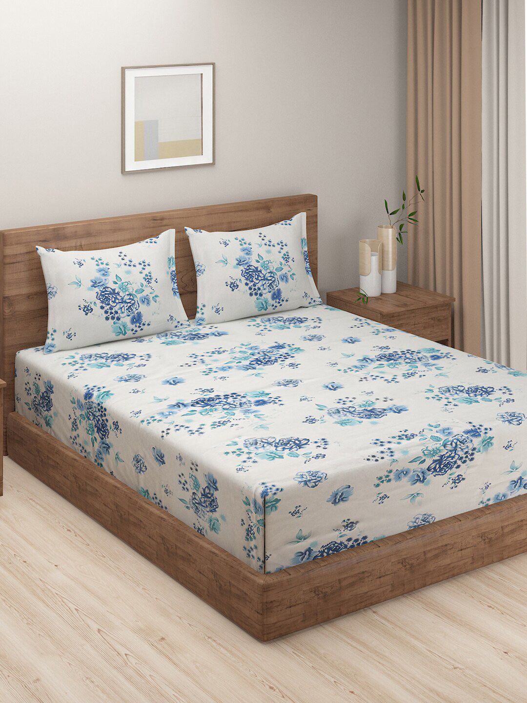 Swayam Veda 160TC Pure Cotton Floral King Fitted Bedsheet Set-picture-14