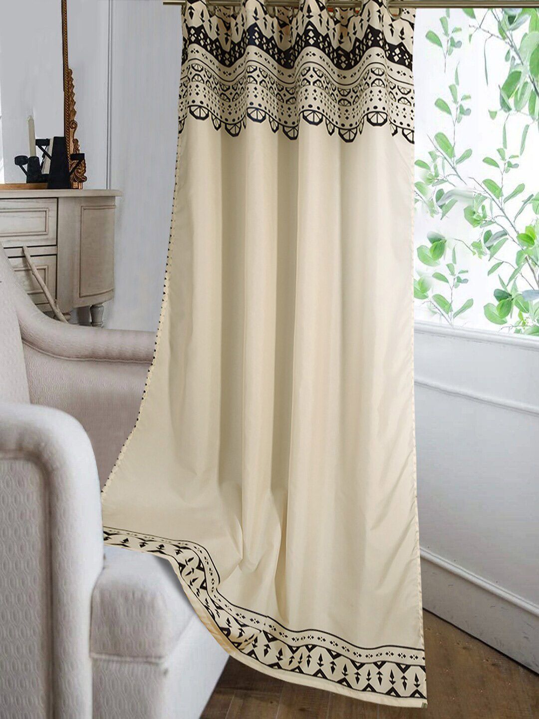 Cortina Cream-Coloured & Blue Geometric Window Curtain-image-22