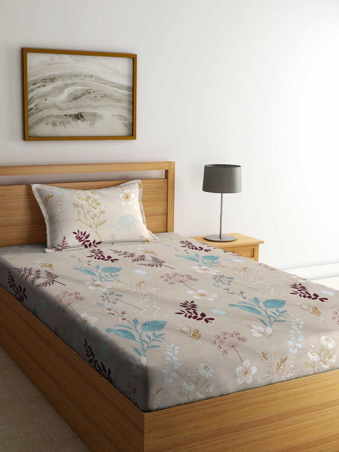 KLOTTHE Beige & Brown Floral Printed 300 TC Single Bed Bedsheet With 1 Pillow Cover-picture-11