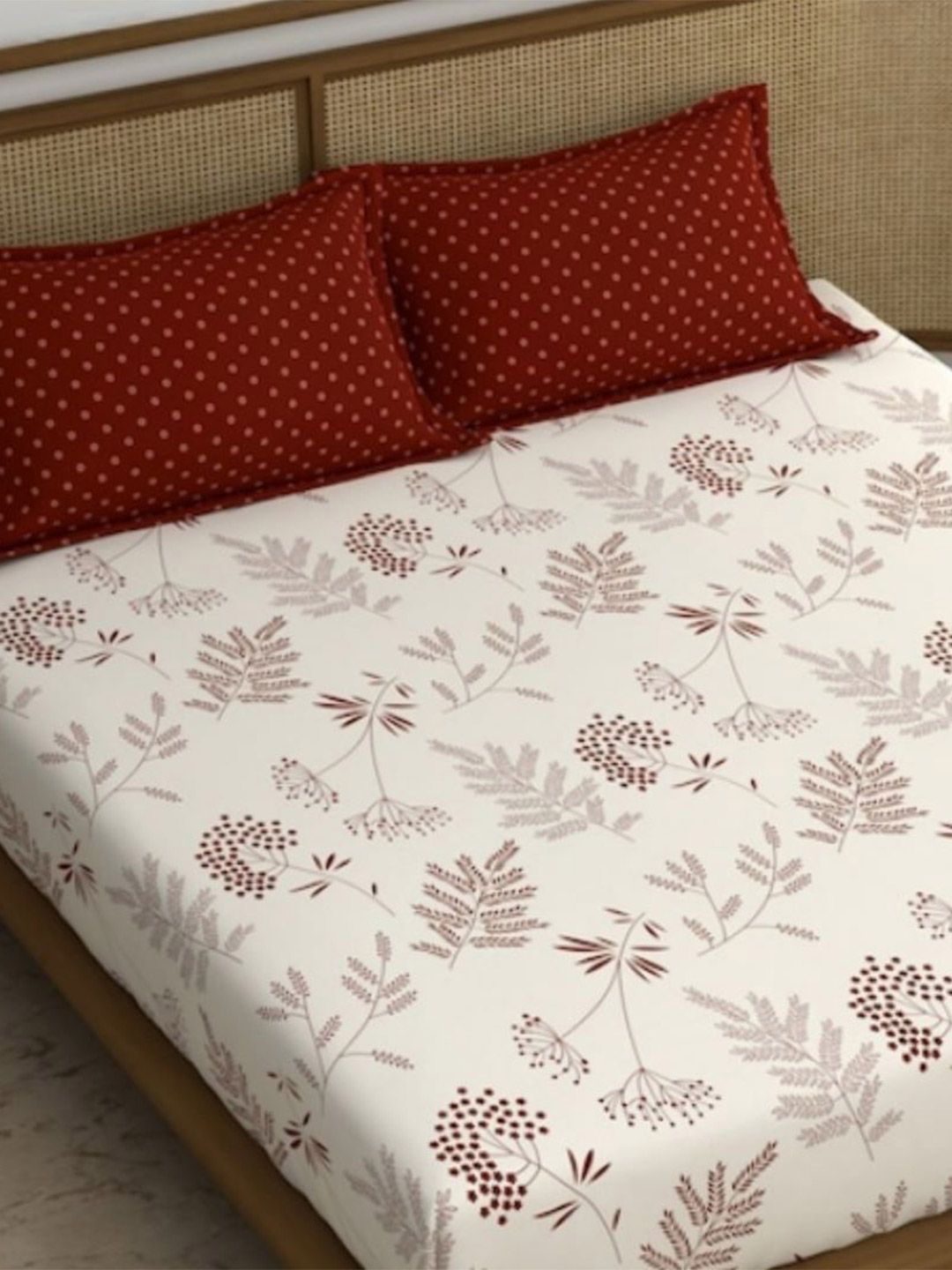 Bajo's White & Maroon Ethnic Motifs 350 TC Cotton King Bedsheet with 2 Pillow Covers-picture-22