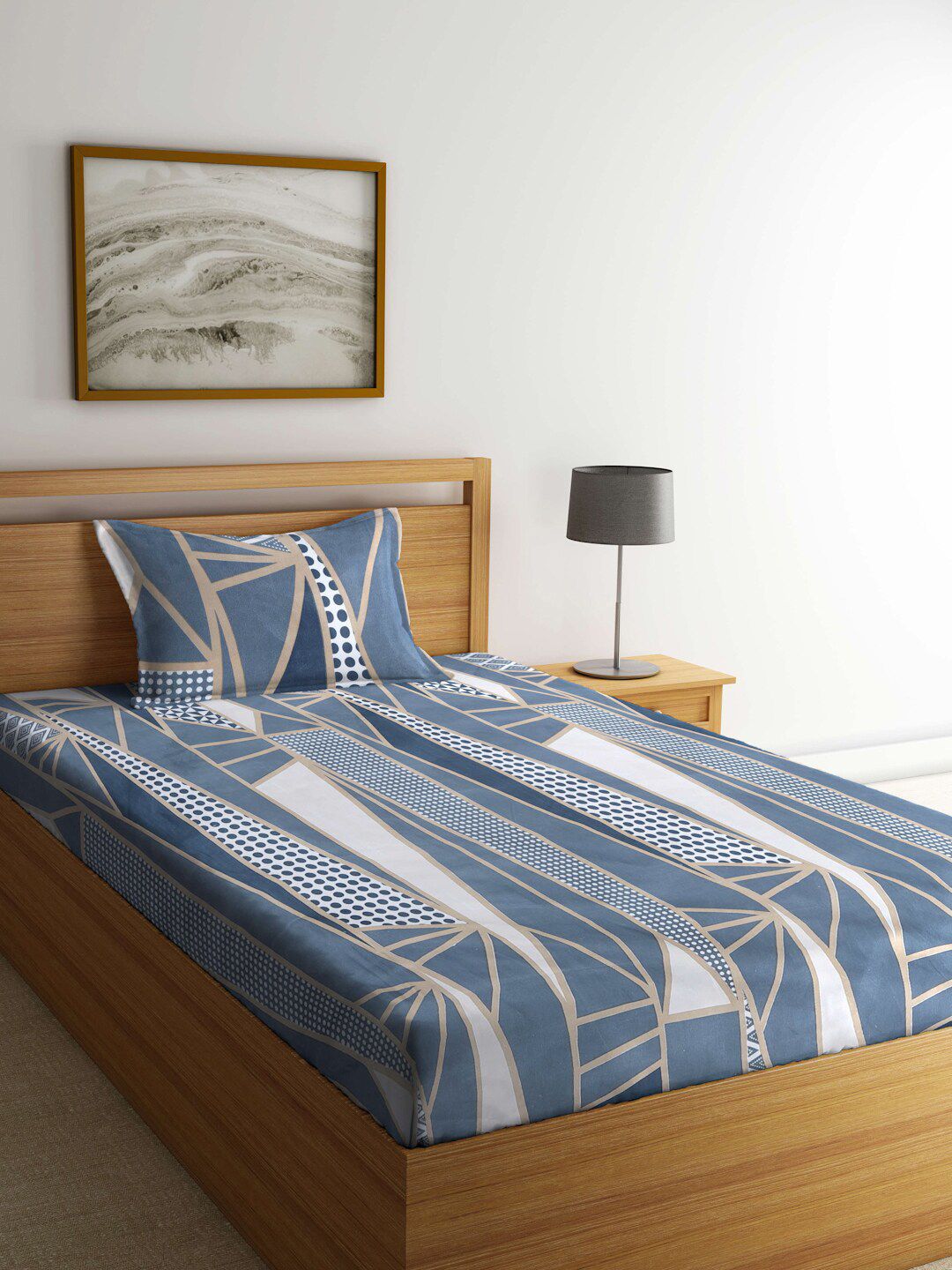 KLOTTHE Blue & Beige Geometric Printed 300 TC Fitted Single Bedsheet & Pillow Cover-image-31