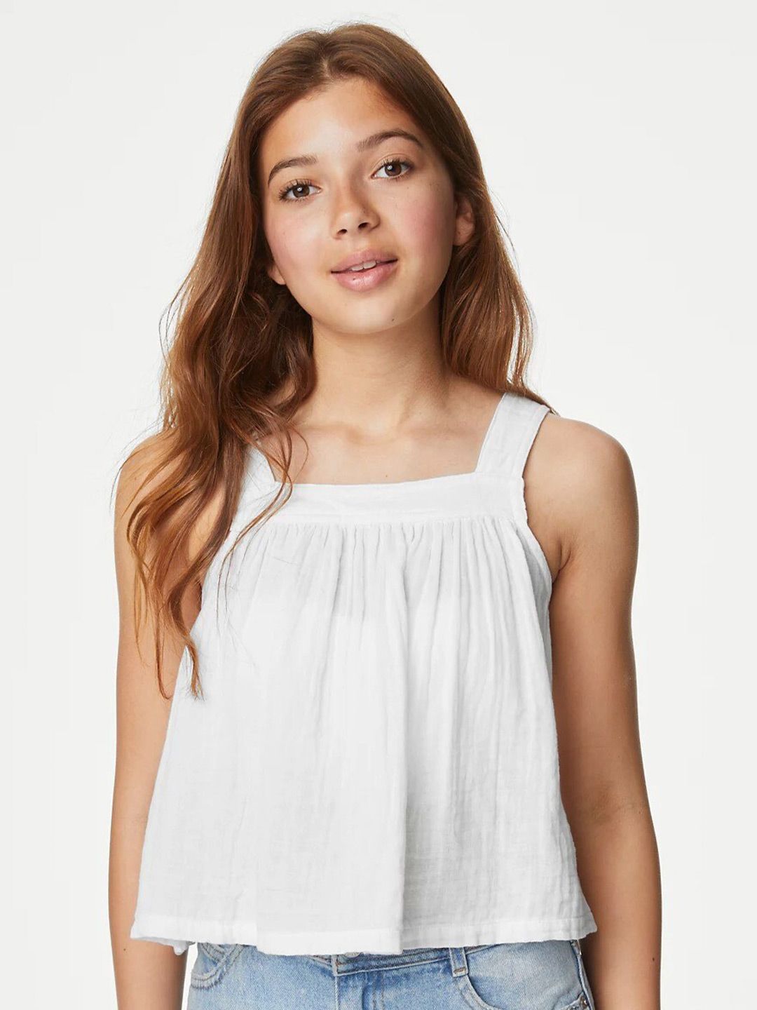 Marks & Spencer Girls Self Designed Gathered Shoulder Strap Cotton A-Line Top-picture-30