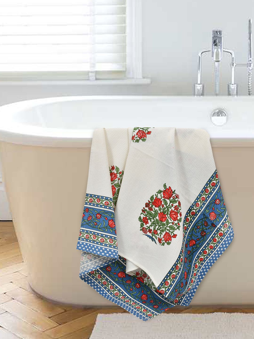 MAFATLAL 3-Pcs White & Blue Printed 250 GSM Pure Cotton Towel Set-image-1