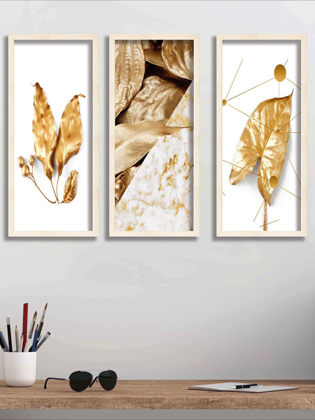 SAF White & Gold Toned 3 Pieces Leaves Framed Painting Wall Art-picture-28