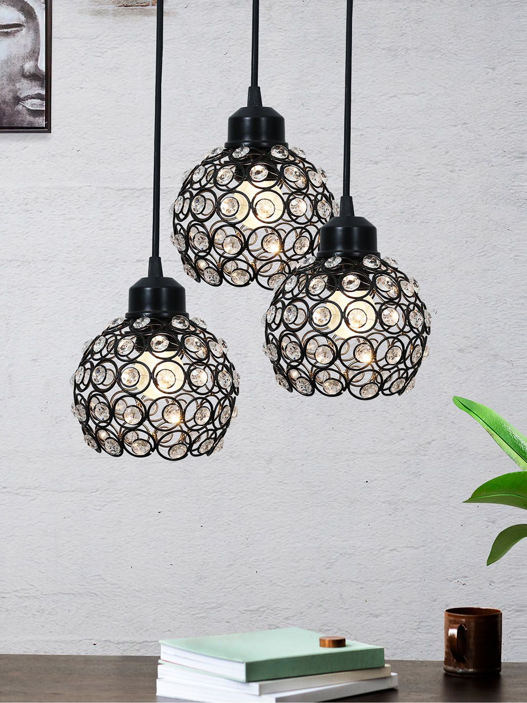 Homesake Black 3-Lights Round Cluster Chandelier Textured Hanging Pendant Lamp-picture-12
