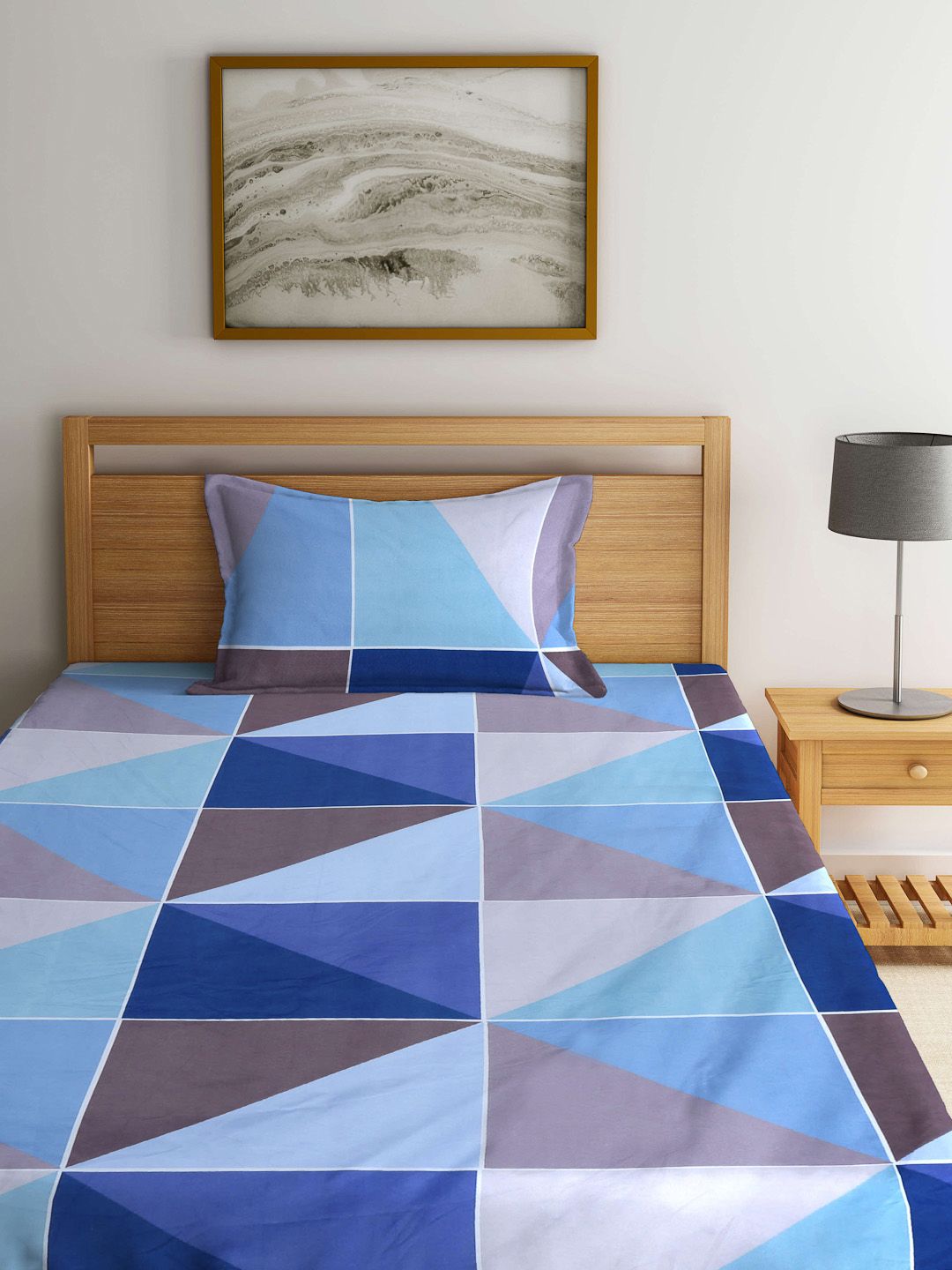 Arrabi Blue & White Geometric Fitted 300 TC Single Bedsheet With 1 Pillow Cover-picture-22