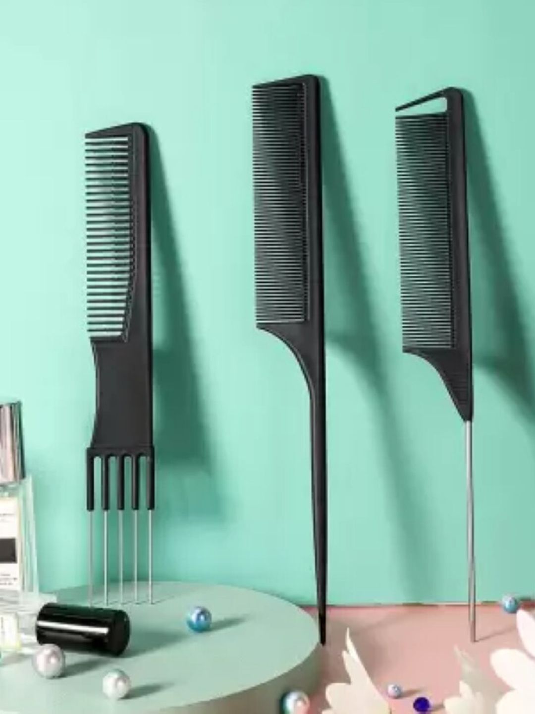 FEELHIGH Set Of Metal Prong Carbon Comb + Salon Teasing Comb + Rat Tail Comb - Black-image-30