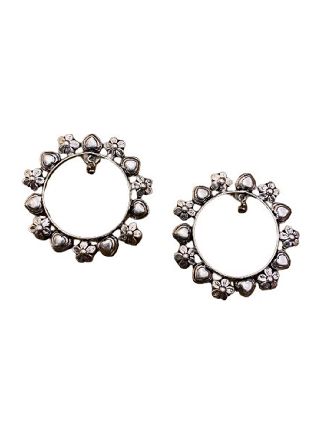 ATIBELLE Silver-Plated & Floral Shaped Circular Hoops Earrings