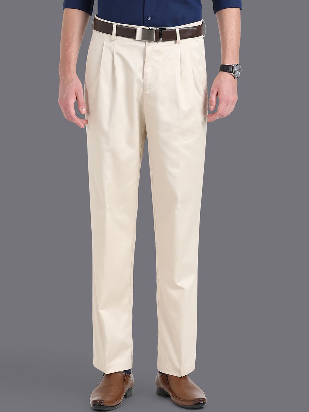 Louis Philippe Men Slim Fit Mid-Rise Pleated Pure Cotton Formal Trousers