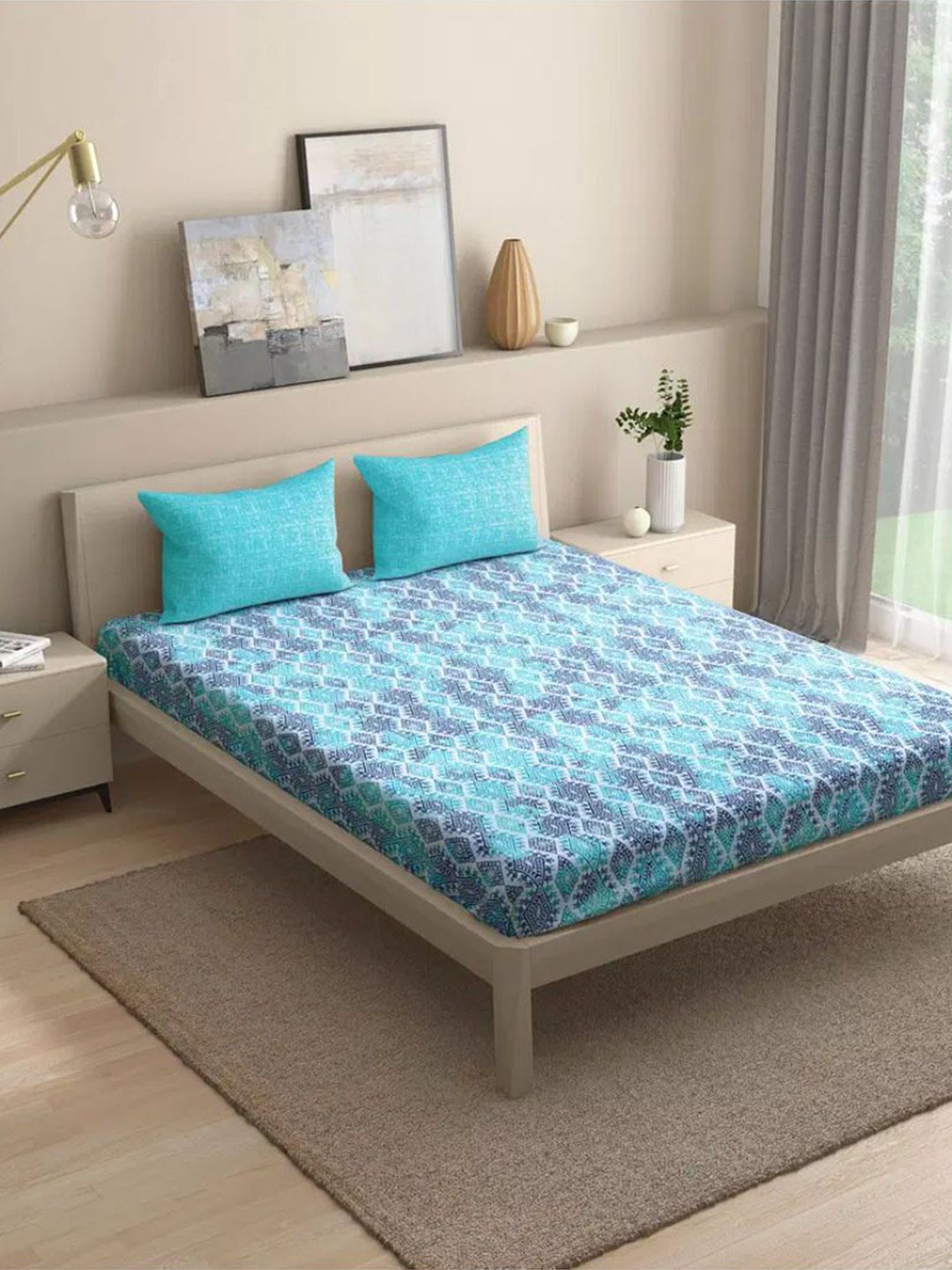 wakefit Blue & Grey Geometric Cotton 144 TC Queen Bedsheet With 2 Pillow Covers-picture-15