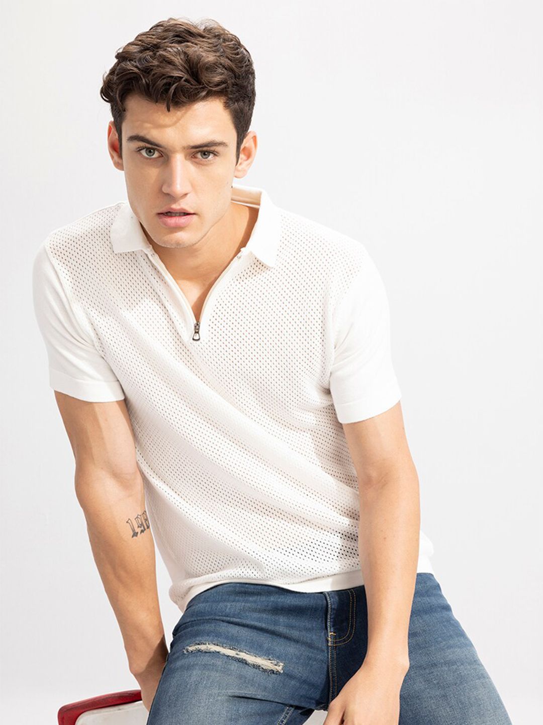 Snitch White Polo Collar Self Design Slim Fit T-shirt