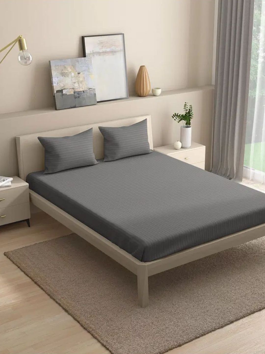 wakefit Eiffel Tower Grey Striped 210 TC Cotton Fitted Queen Bedsheet & 2 Pillow Covers-picture-23