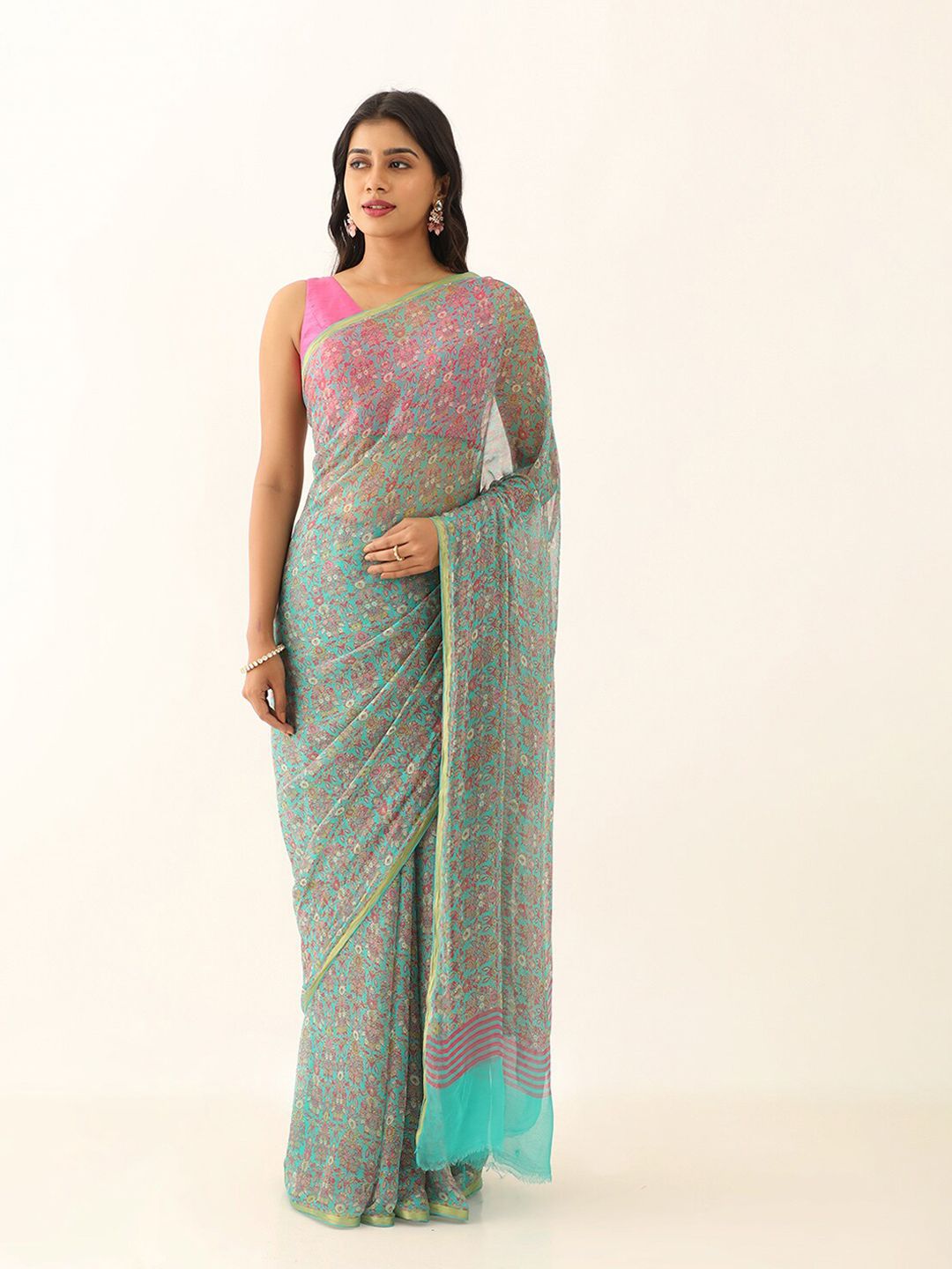 Taneira Floral Printed Zari Pure Chiffon Saree - Price History