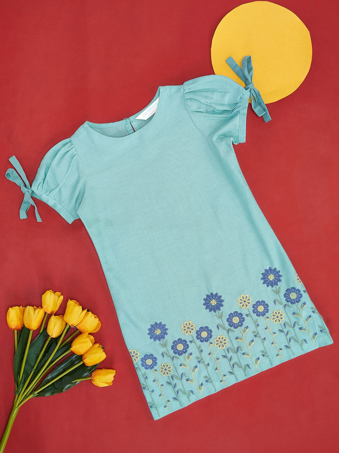 AKKRITI BY PANTALOONS Floral Embroidered Puff Sleeves Cotton A-Line Dress-picture-23