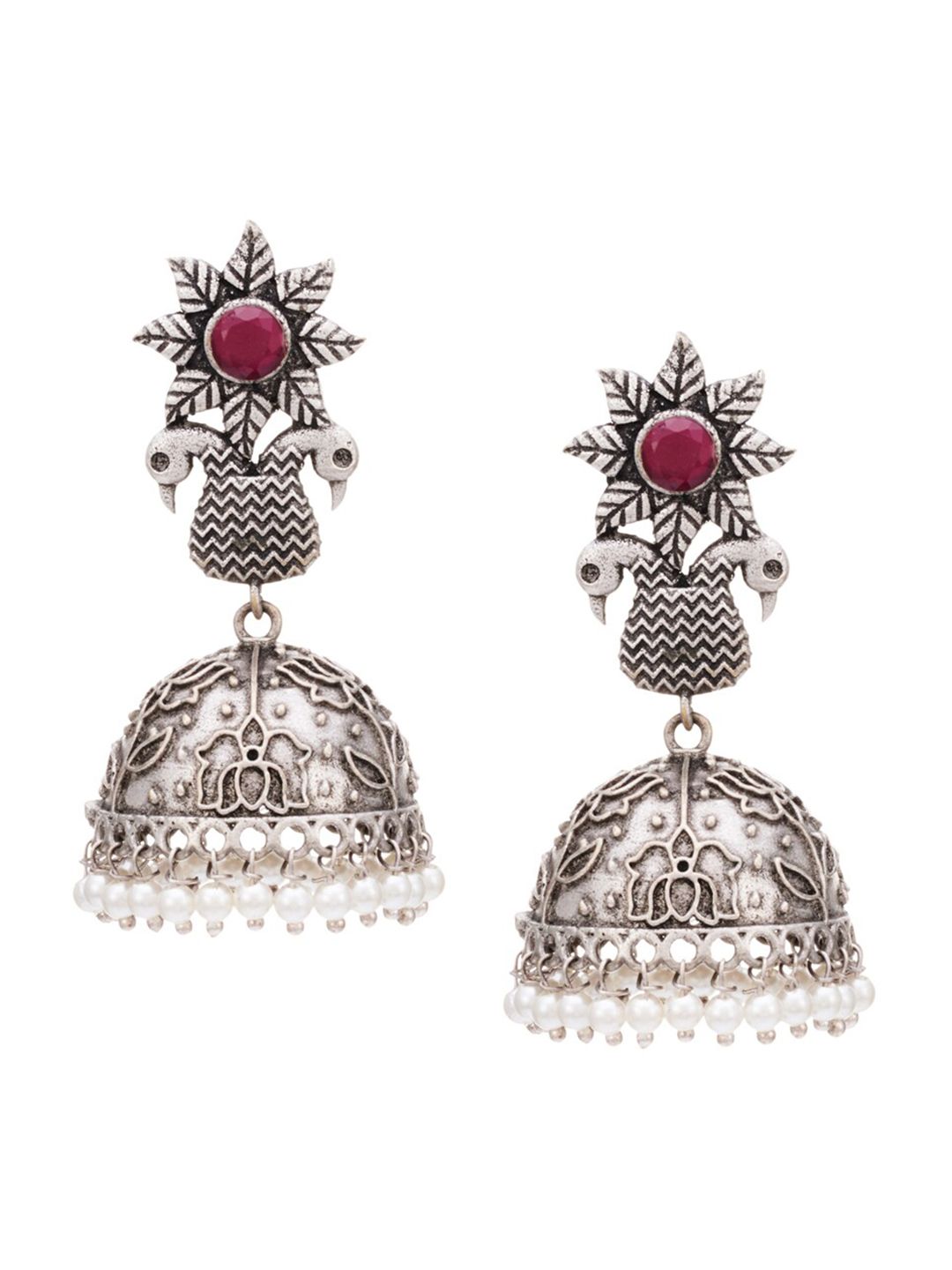 ATIBELLE Set Of 2 Silver-Plated Stone Studded Dome-Shaped Jhumkas Earrings