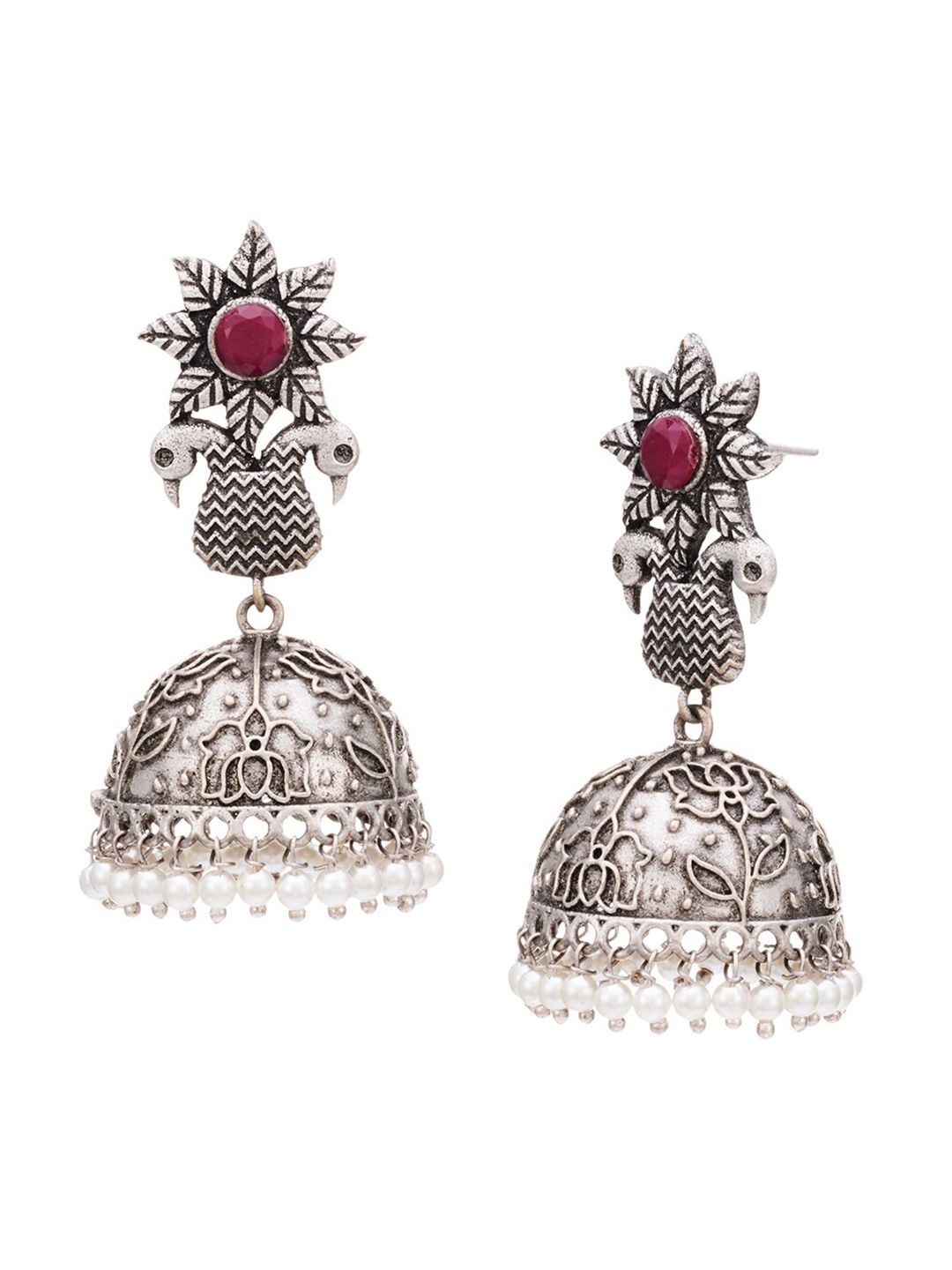 ATIBELLE Set Of 2 Silver-Plated Stone Studded Dome-Shaped Jhumkas Earrings