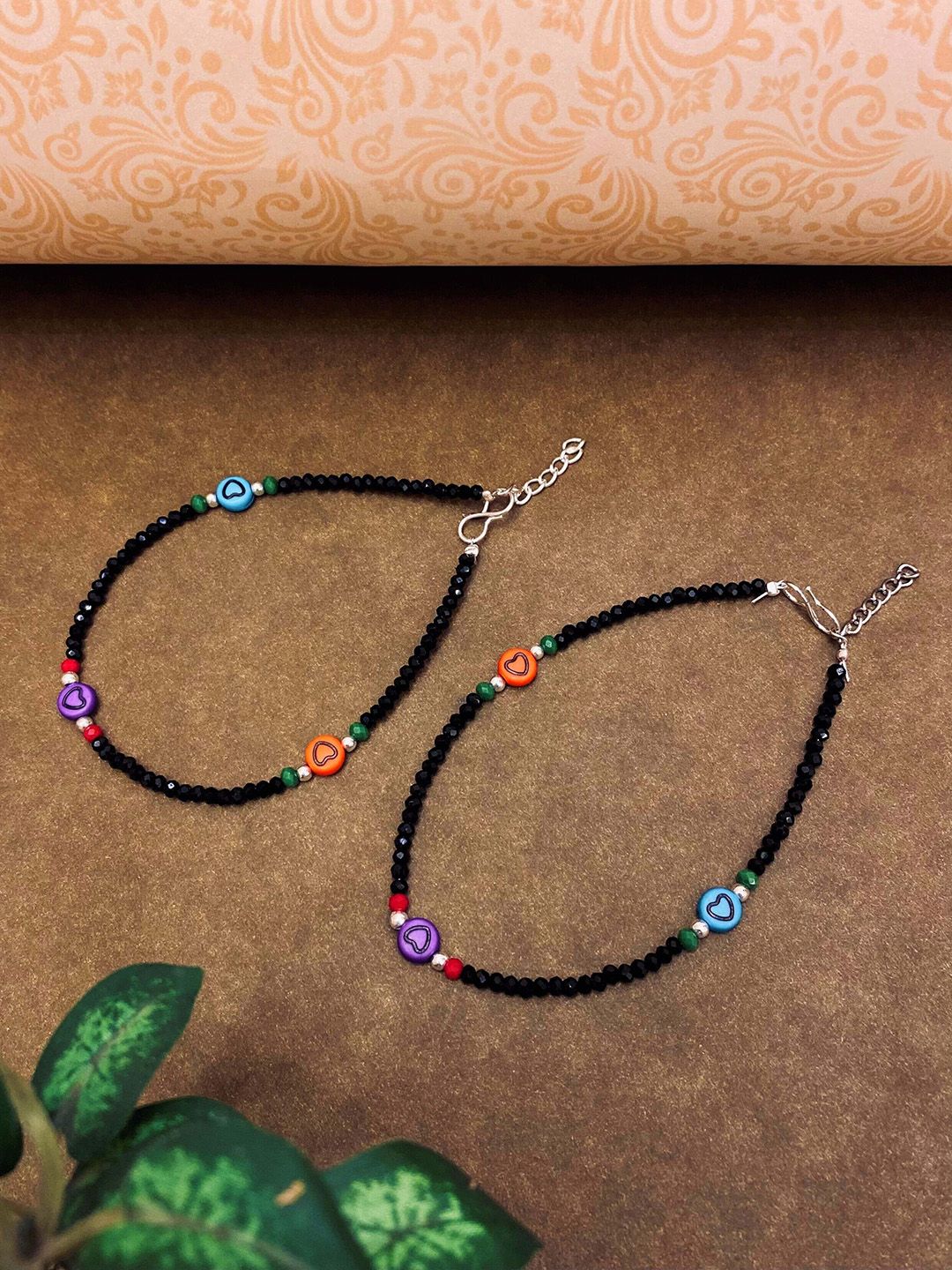ATIBELLE Set Of 2 Silver-Plated Stone Studded & Beaded Anklets