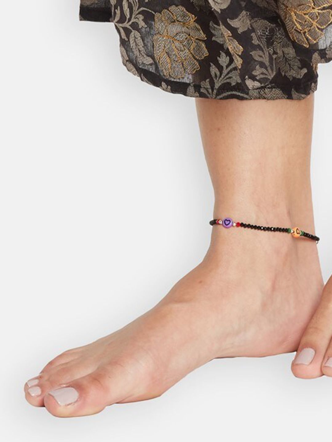 ATIBELLE Set Of 2 Silver-Plated Stone Studded & Beaded Anklets