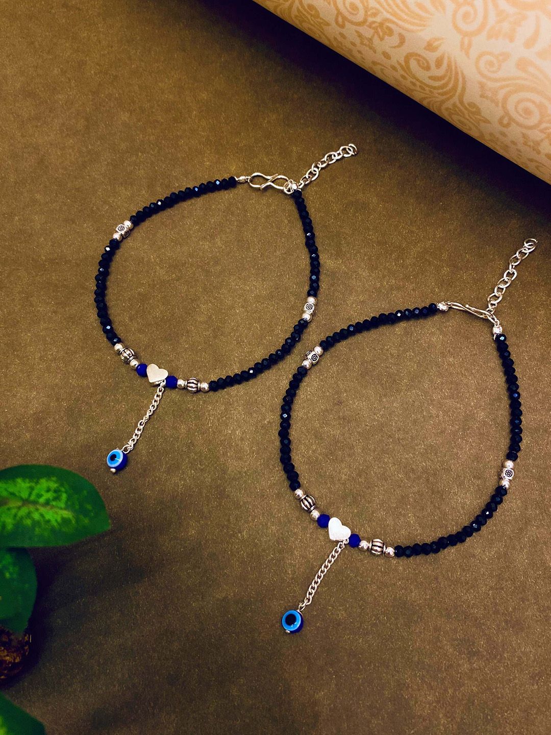 ATIBELLE Set Of 2 Silver-Plated Stone-Studded & Beaded Anklets