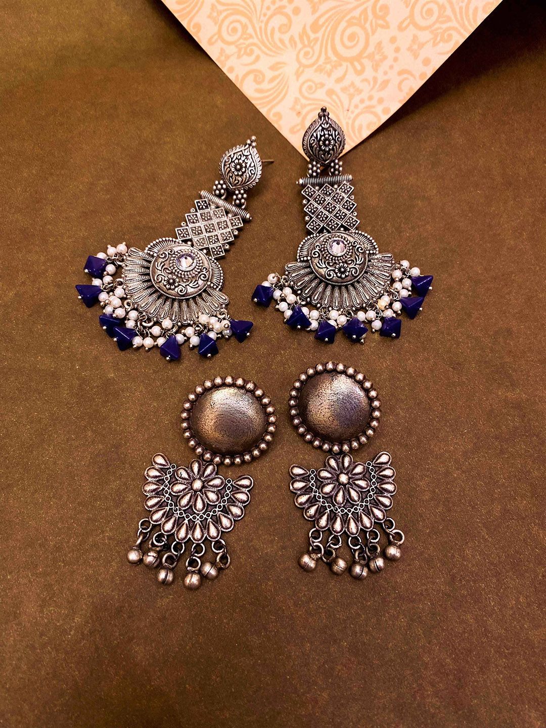 ATIBELLE Set Of 2 Silver-Plated Stone Studded & Pearls Contemperory Drop Earrings