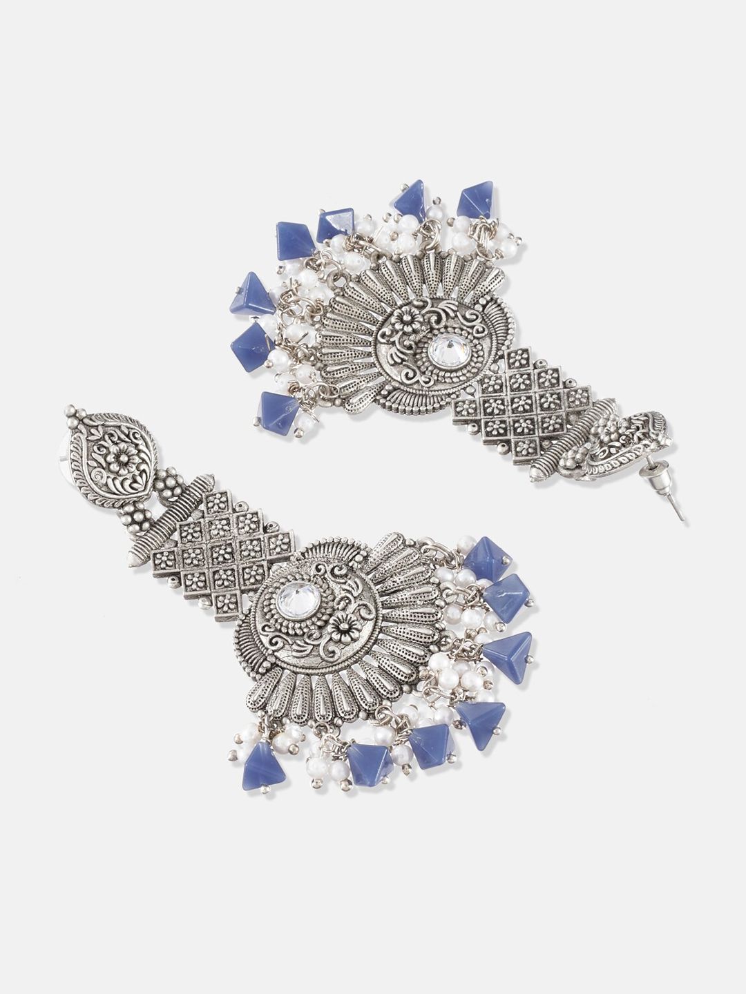 ATIBELLE Set Of 2 Silver-Plated Stone Studded & Pearls Contemperory Drop Earrings
