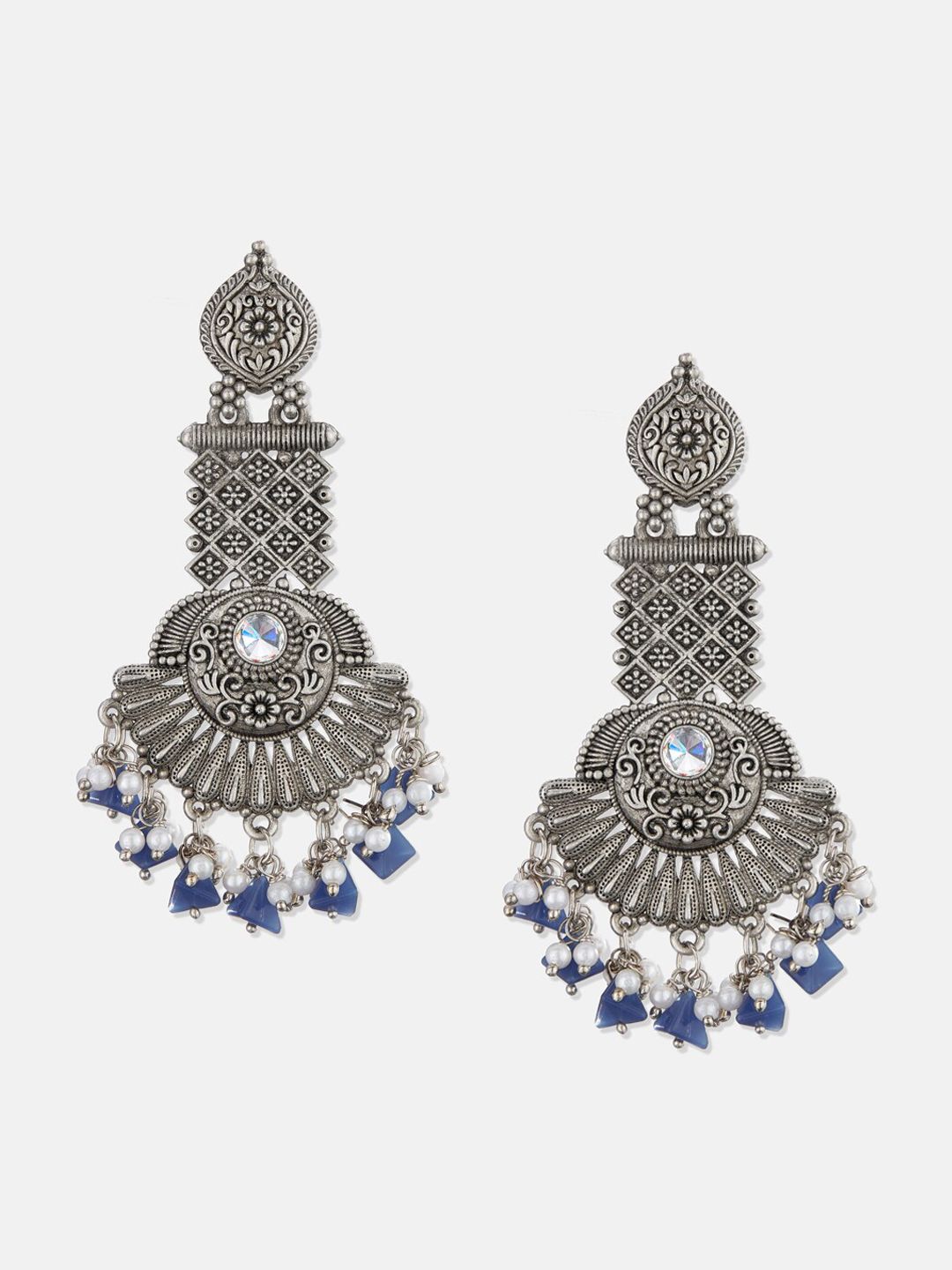 ATIBELLE Set Of 2 Silver-Plated Stone Studded & Pearls Contemperory Drop Earrings