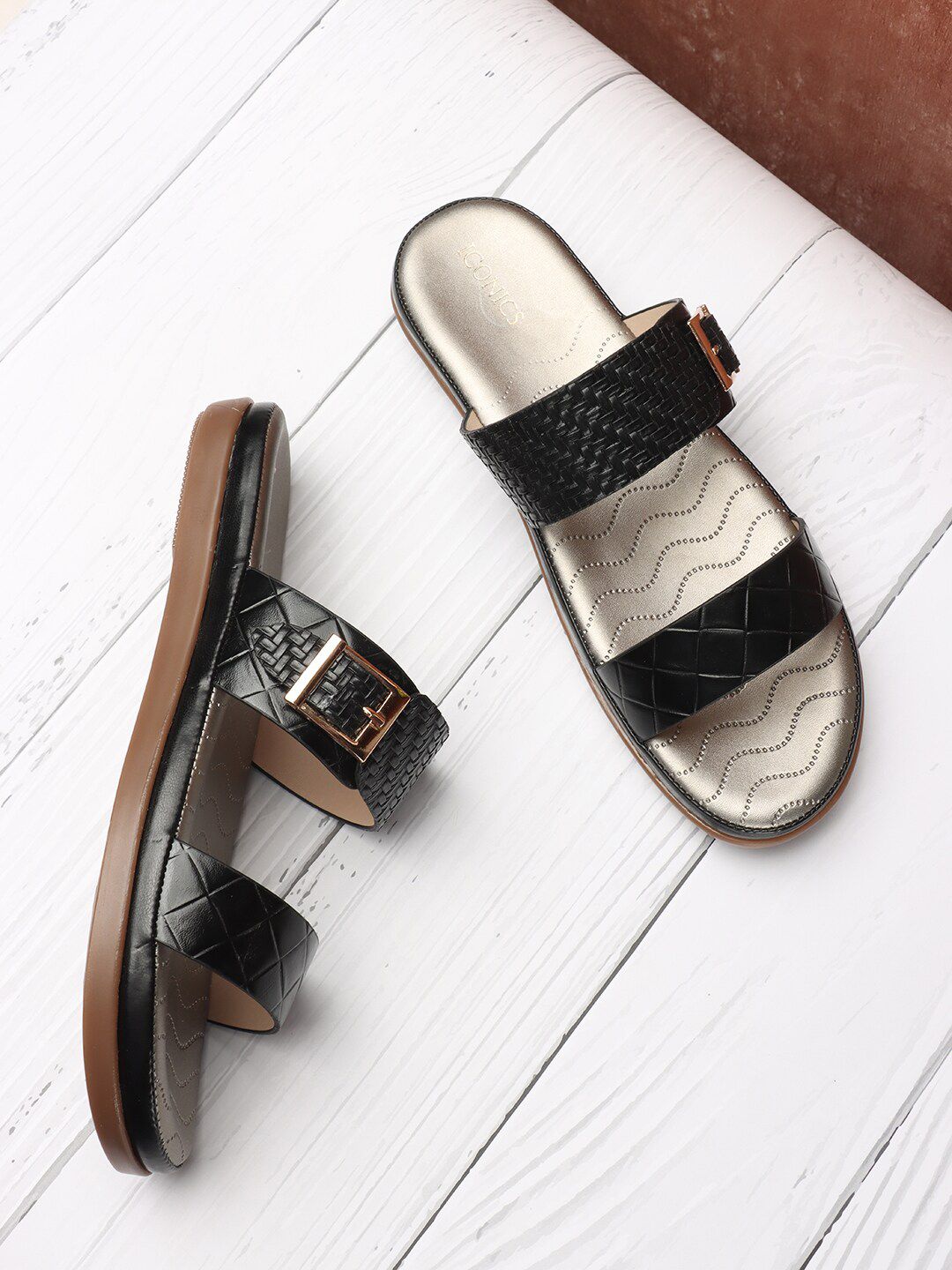 ICONICS Textured Open Toe Flats With Buckle Detail-picture-17