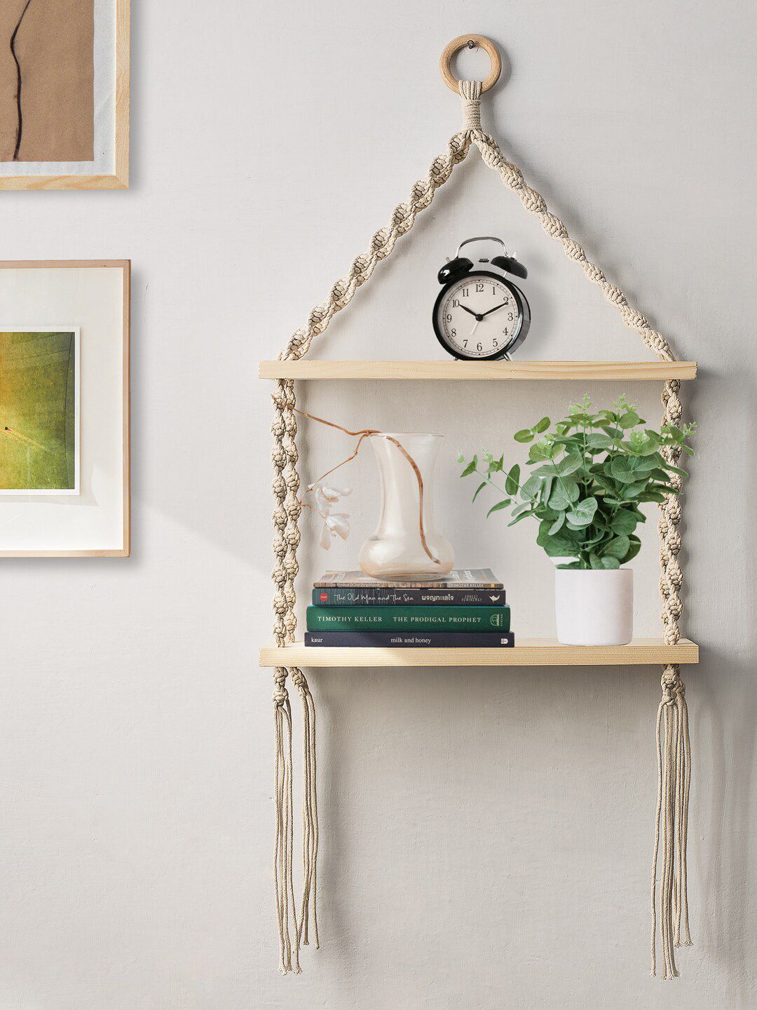 Decazone Beige Wooden Macrame Wall Hanging Shelf